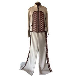 Vintage Inspired 70's Beige Leisure Suit with Geometric Print trim